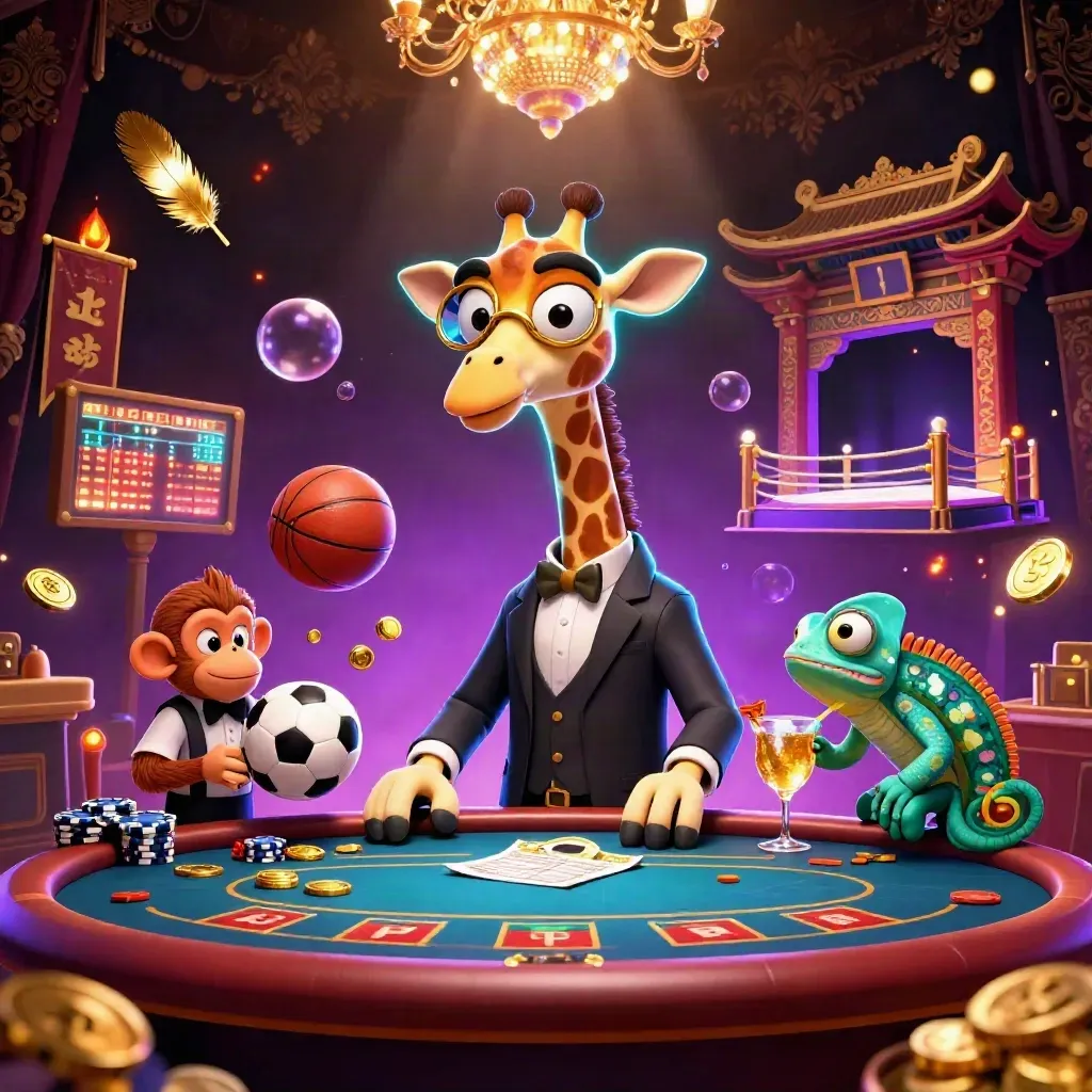 Luxury casino animals around a VIP poker table with flying sports balls, gold coins and neon light.