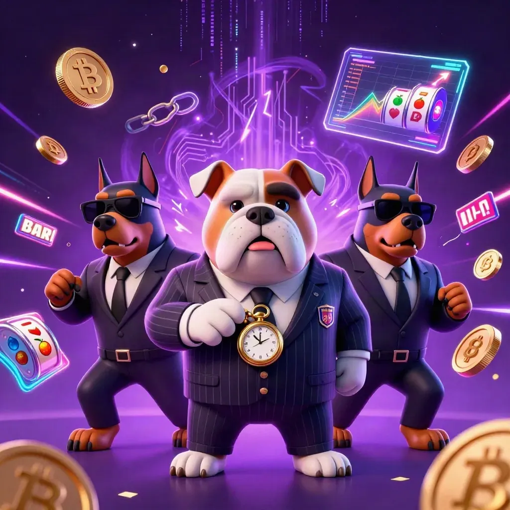 Bulldog boss and two Dobermans amid neon coins, reels, lightning, and purple casino energy