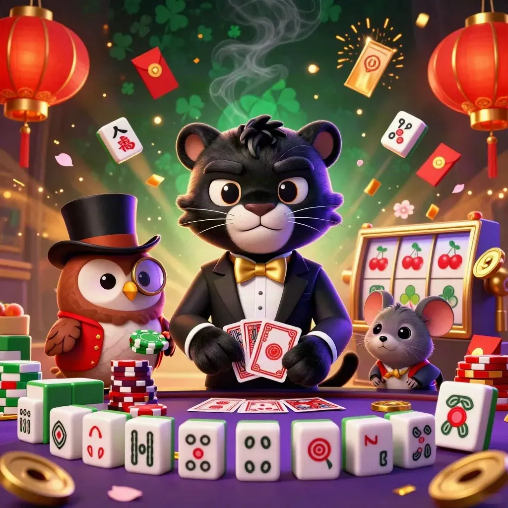 Panther, owl, and mouse casino heroes amid lanterns, coins, fireworks, and glowing purple loot
