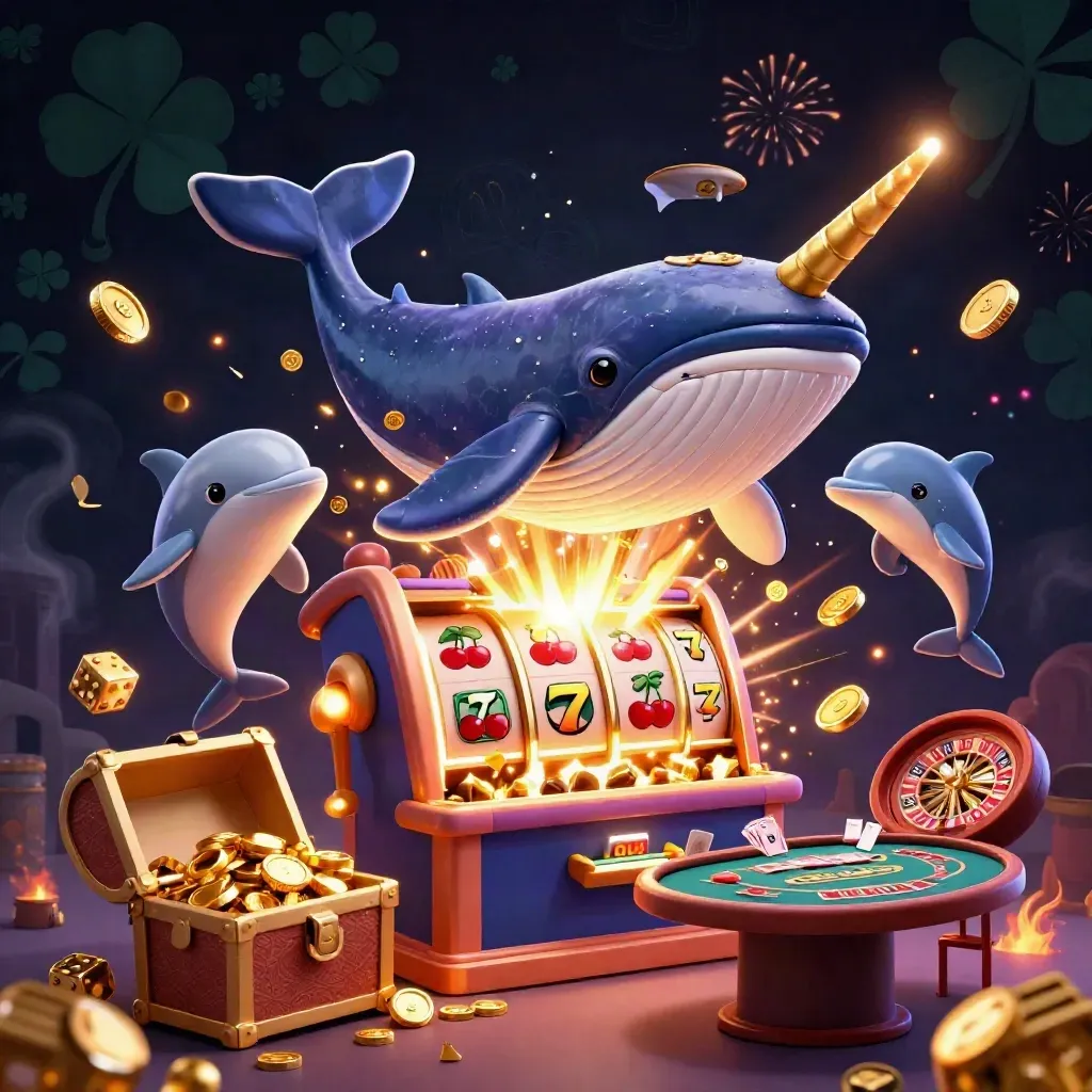 Whale captain, narwhal, dolphins and casino gold burst amid slot reels, coins and fireworks