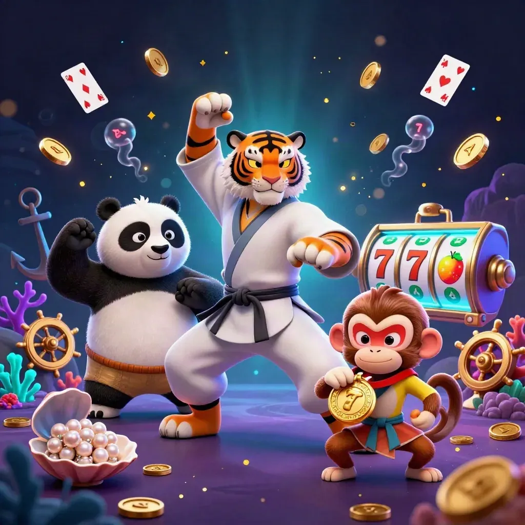Three cartoon animal masters in a glowing underwater casino treasure cove with coins, cards, and reels.