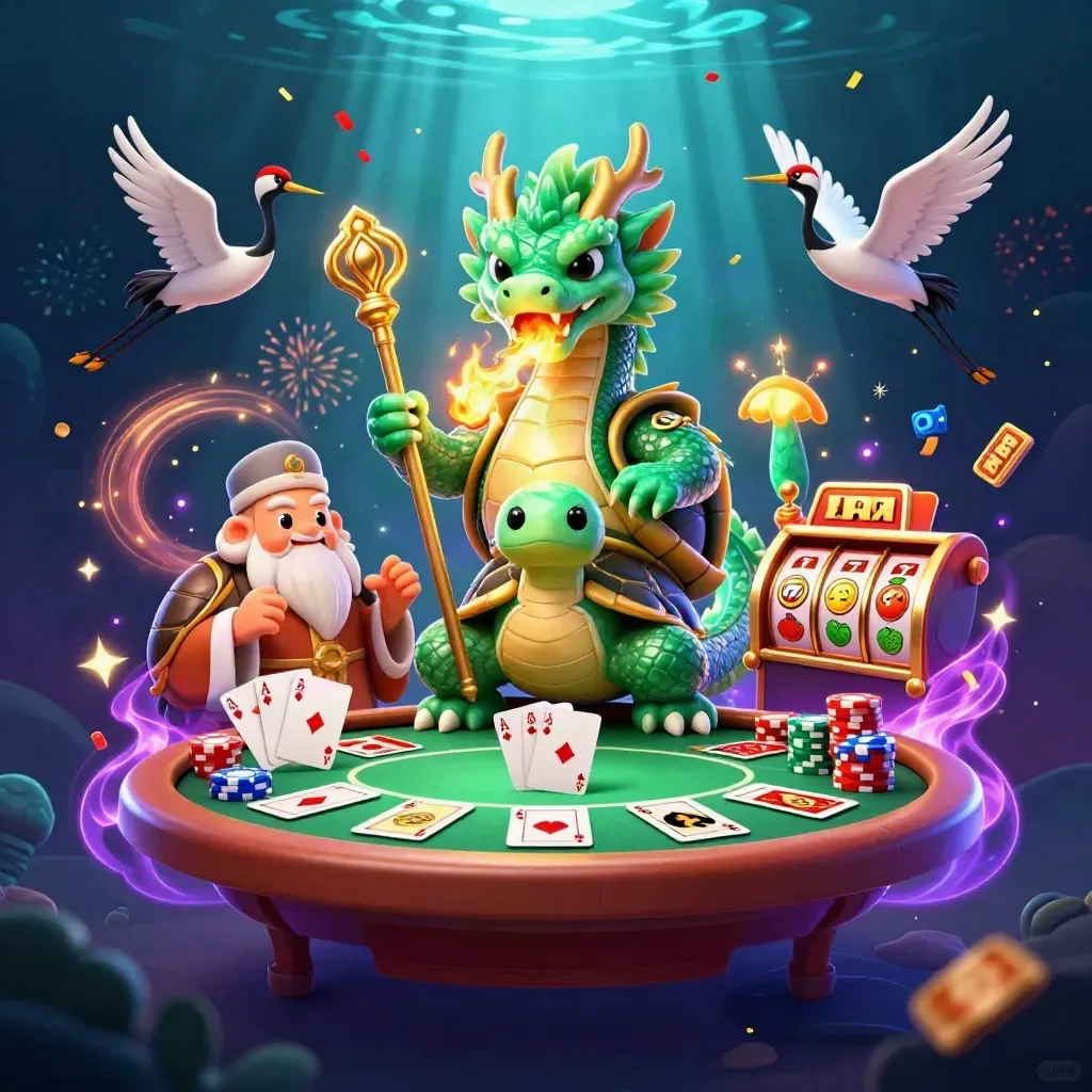 Emerald dragon, turtle sage, and cranes amid casino cards, chips, reels, and golden magic.